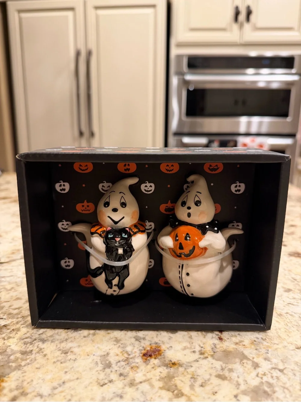 Blue Sky Halloween Ghost Salt & Pepper Set - White, Orange, Black